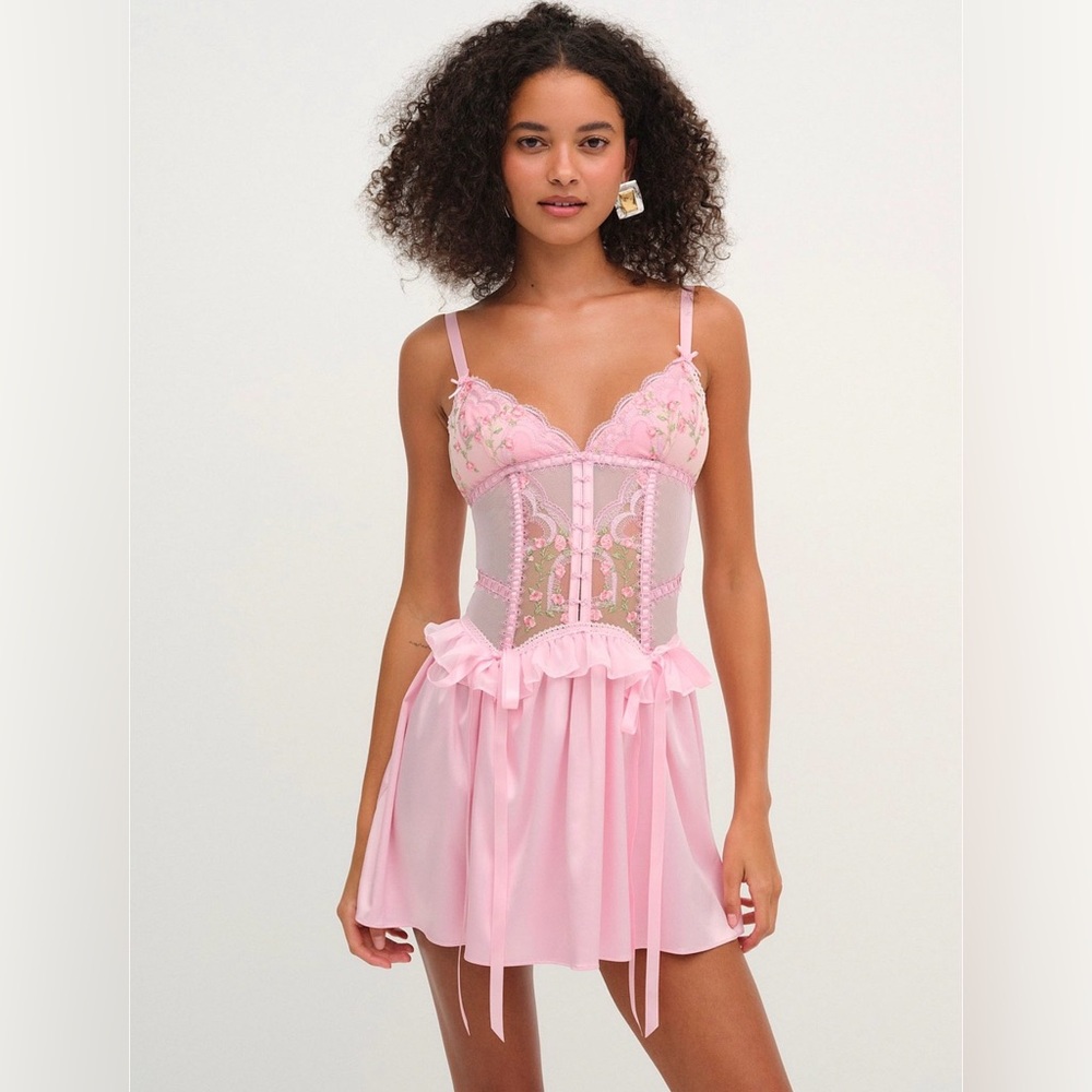 For Love & Lemons Ily Embroidery Slip Dress XS